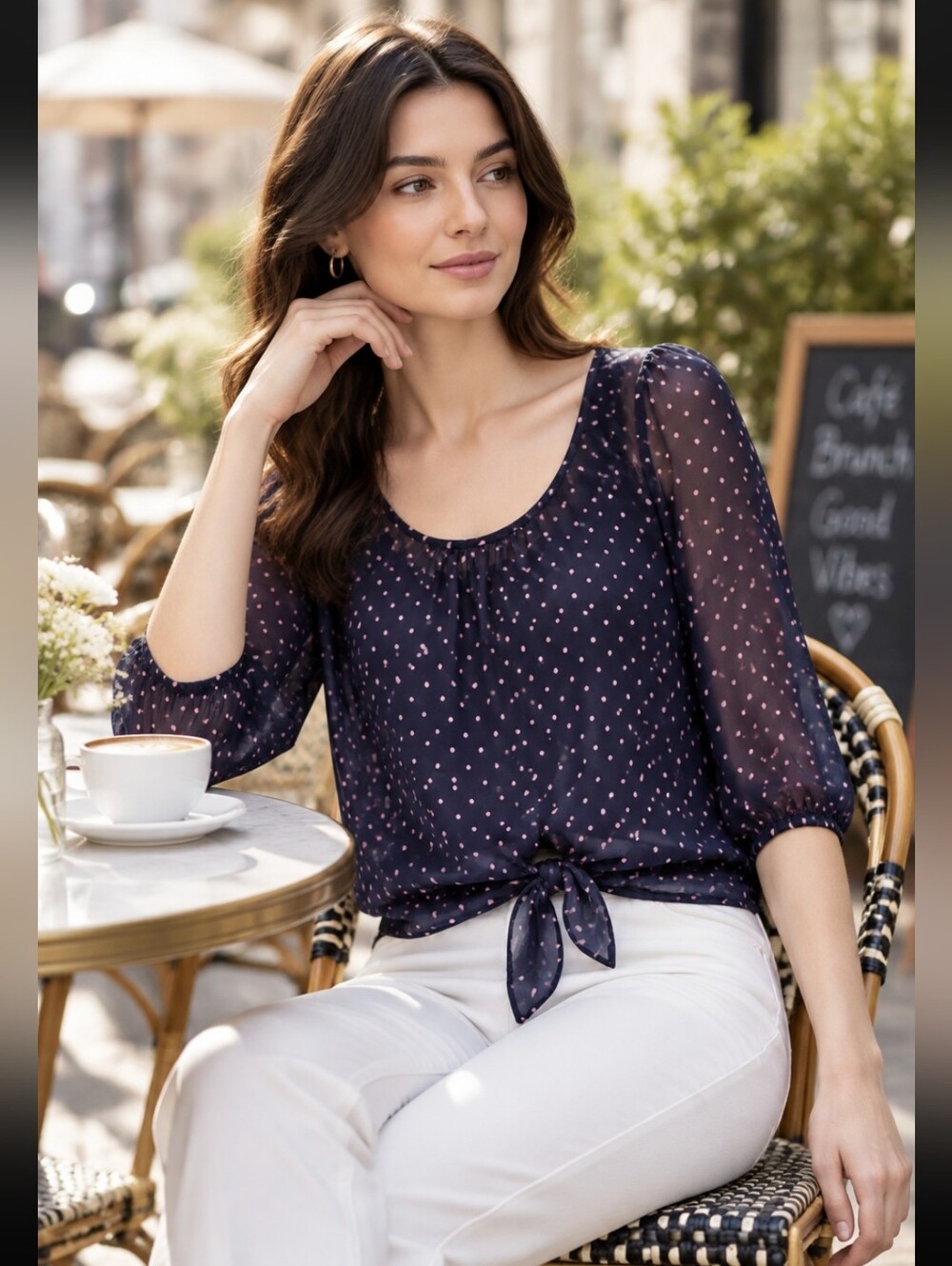 Color of Love Sheer Blouse Navy with Pink Polka Dot Size Medium